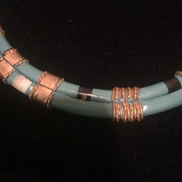 A- Faux Leather Aqua and Navy Blue Adjustable Necklace & bracelet - Picture 5 of 8